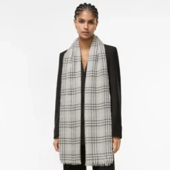 Wide Embellished Check Wool Silk Blend Scarf