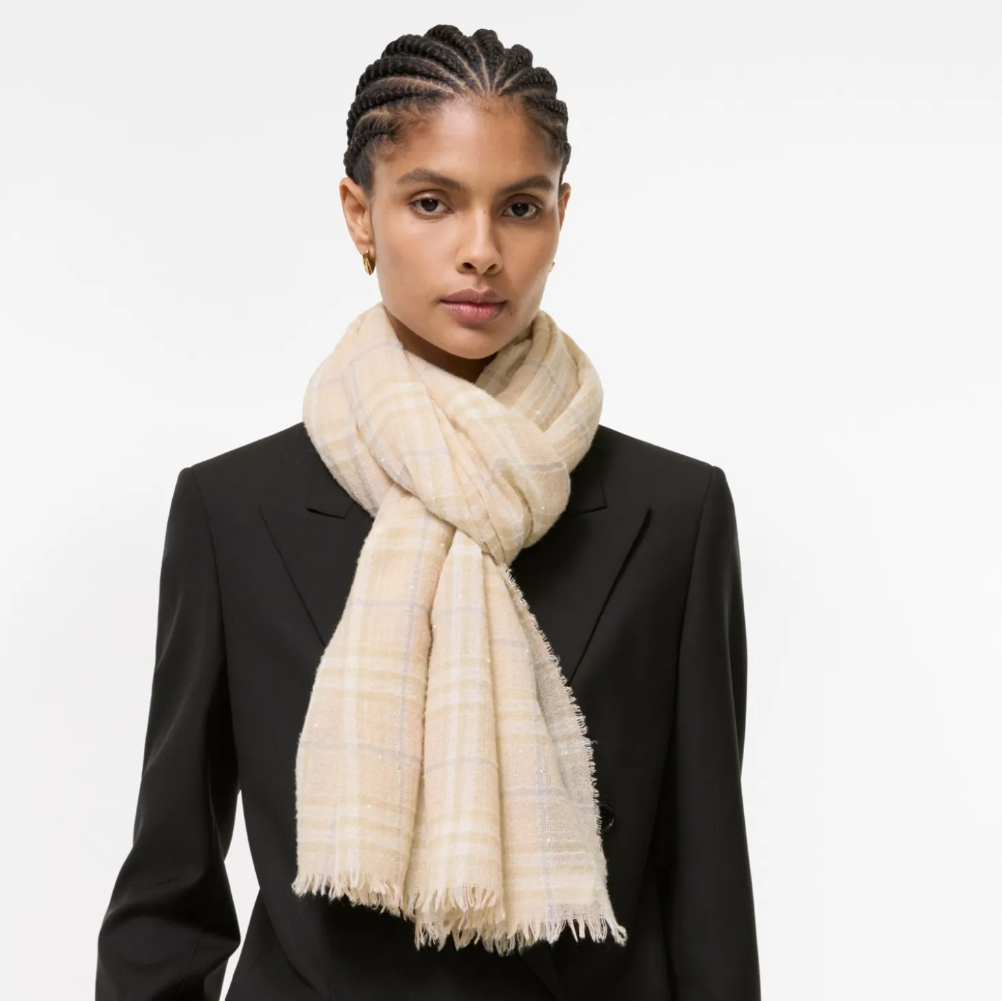 Wide Embellished Check Wool Silk Blend Scarf