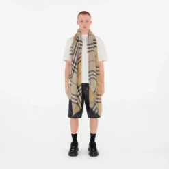 Wide Reversible Check Wool Silk Scarf